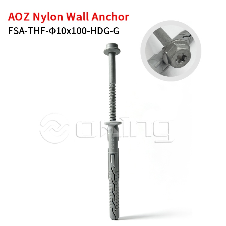 AOZ Kuumasinkitys M10x100 Torx kuusiolaipparuuvi harmaalla nylon-seinäankkurilla verhoseinä- ja ulkoasennukseen