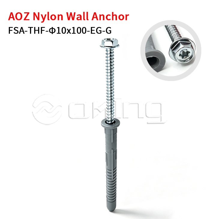 AOZ sähkösinkitty M10x100 Torx kuusiolaipparuuvi harmaalla nylon-seinäankkurilla verhoseinä- ja ulkoasennukseen