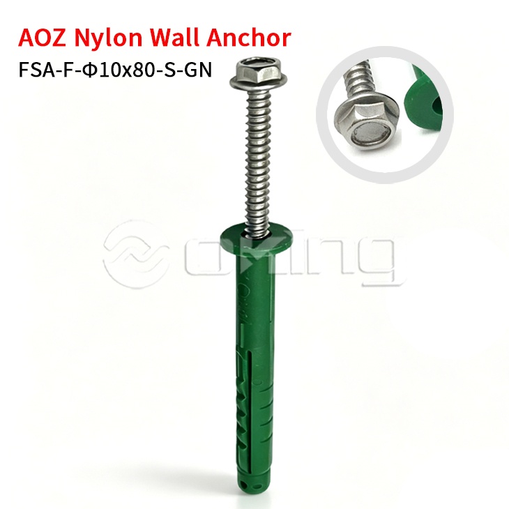 AOZ ruostumattomasta teräksestä M10x80 laipparuuvi vihreällä nylon-seinäankkurilla verho-seinä- ja ulkoasennukseen